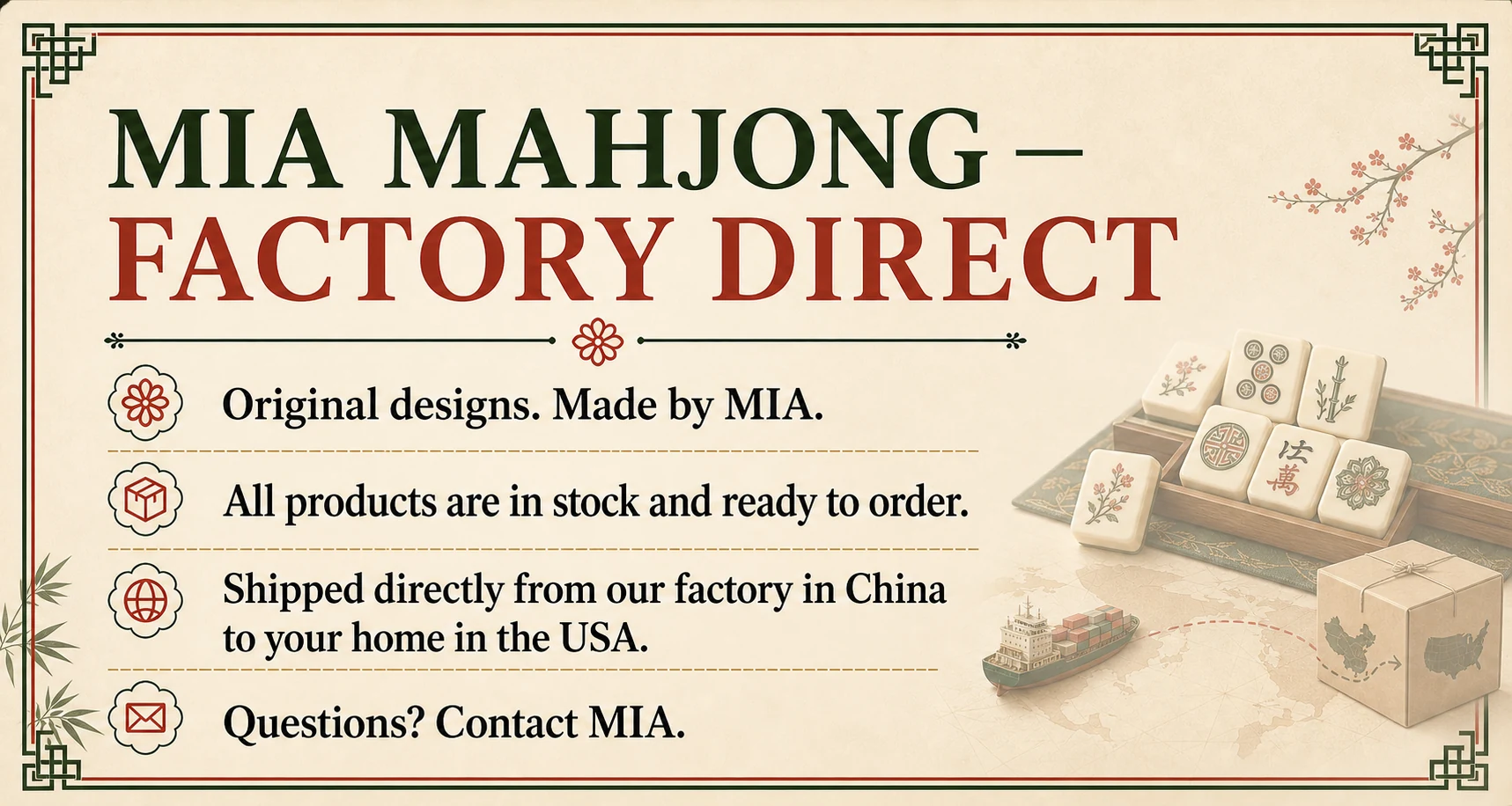 MIA Mahjong factory direct. Original designs made by MIA, in stock and shipped directly from China to homes in the USA.